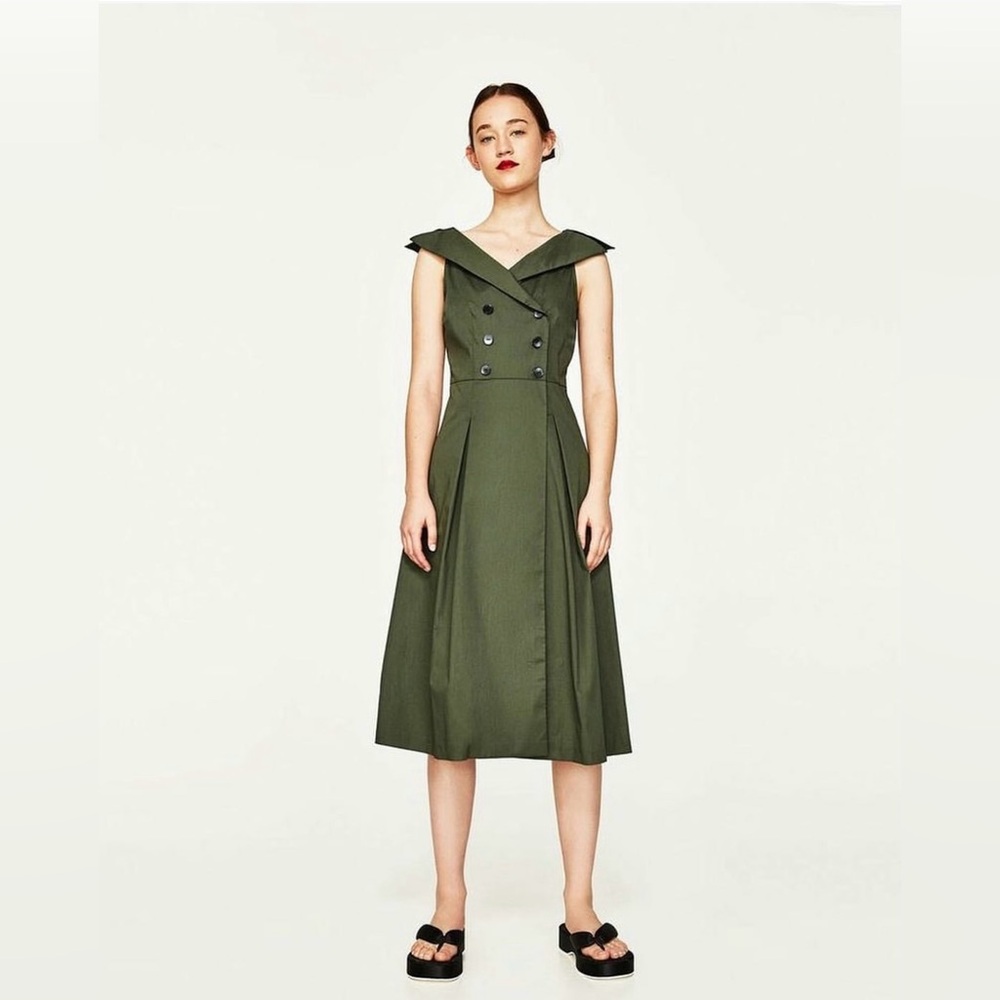 Zara Olive Green Midi Dress With Shirt Neckline, Size S